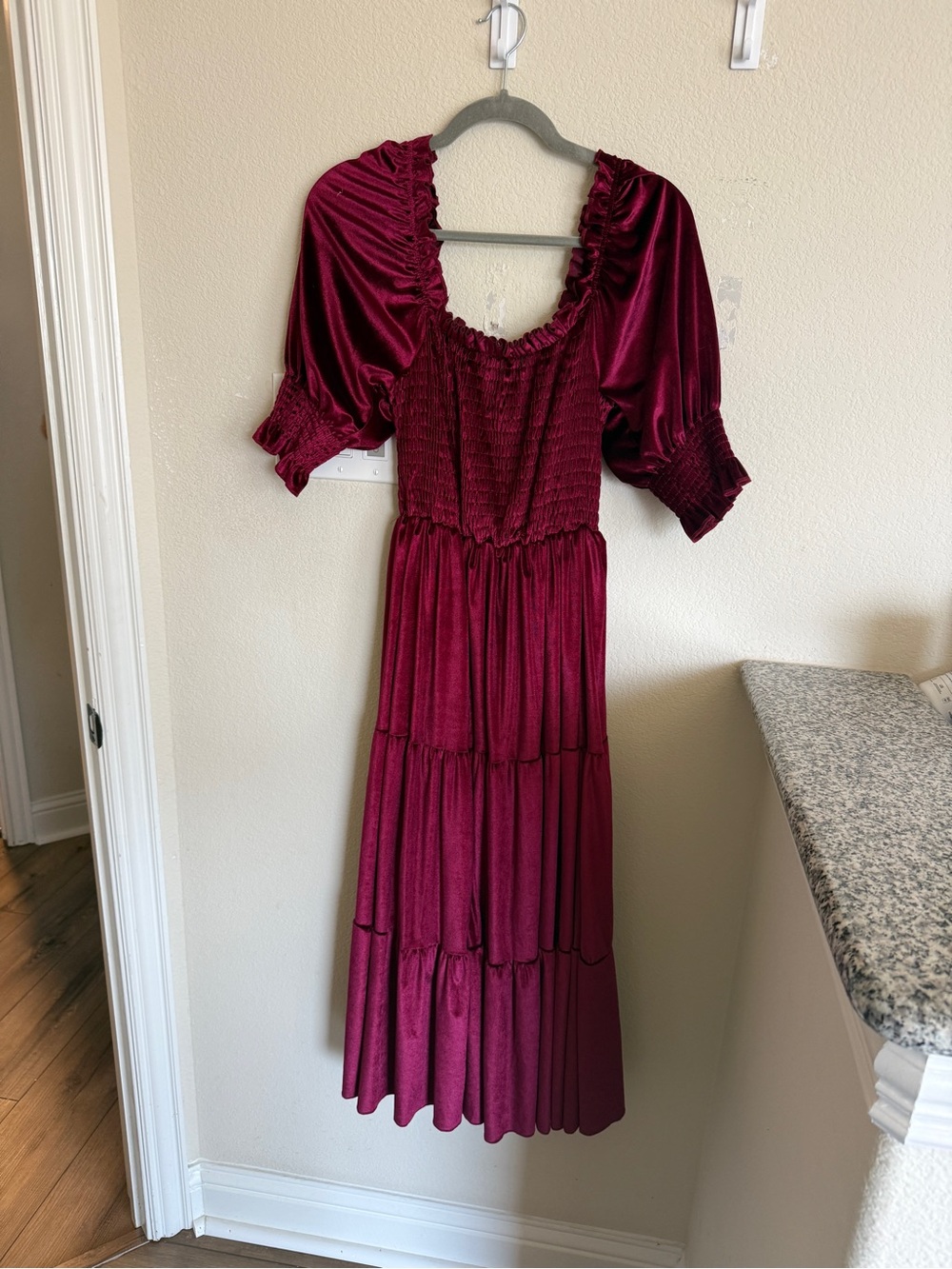 Velvet Burgundy Maxi Dress with Puff Sleeves